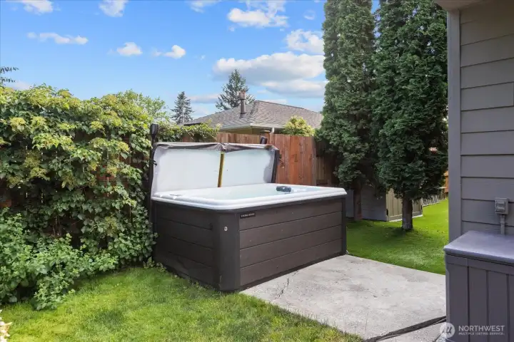 Placed for privacy, three-year-old Viking hot tub with direct access from the master bedroom. Placed for privacy, three-year-old Viking hot tub with direct access from the master bedroom.