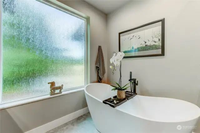 Spa-like feeling with a Free-Standing Tub and soft light from the large rain-glass window. Hand-held sprayer and waterfall tub filler.