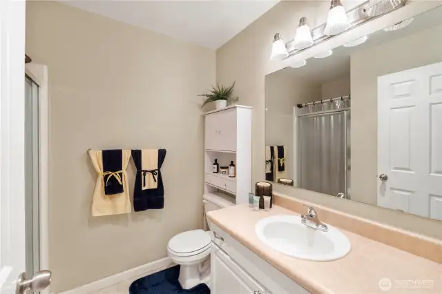 The second full bathroom is conveniently located downstairs and features a walk-in shower, ample vanity space, and stylish lighting. Perfect for guests or multi-generational living, it offers functionality and privacy for daily routines.