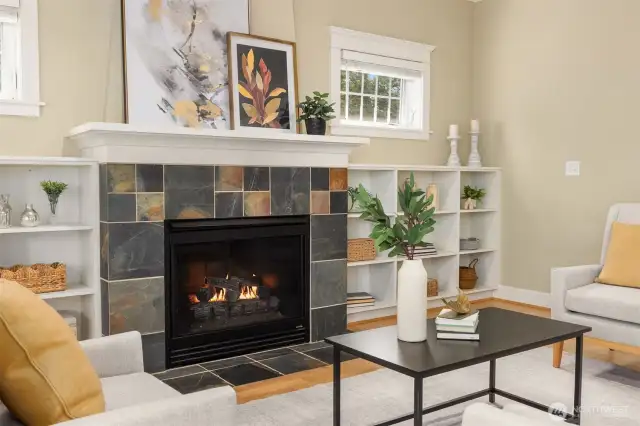 A cozy fireplace sets the tone.
