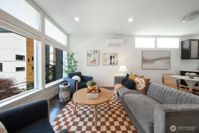Large windows bring in natural light.