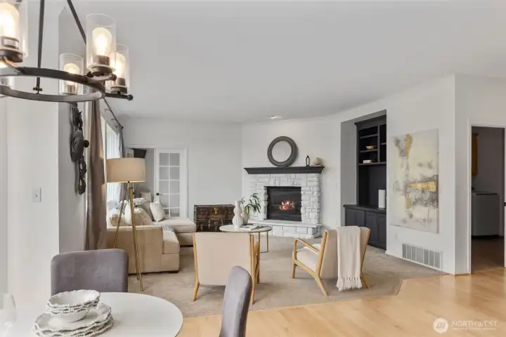 Family room with freshly painted mantel & built-ins.