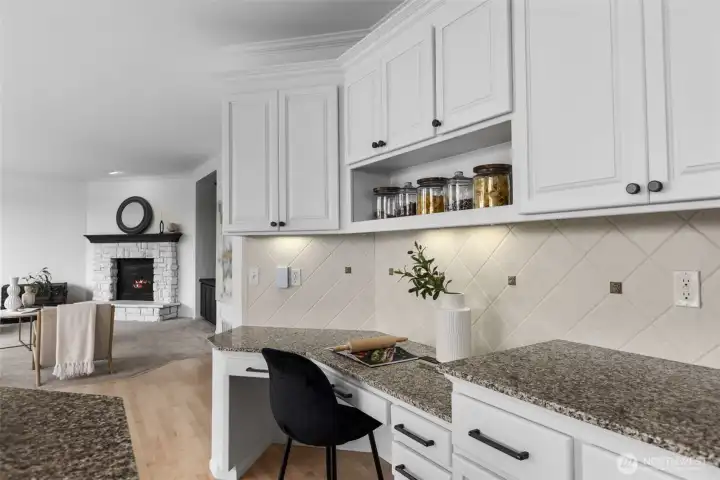 Kitchen workstation, granite countertops.