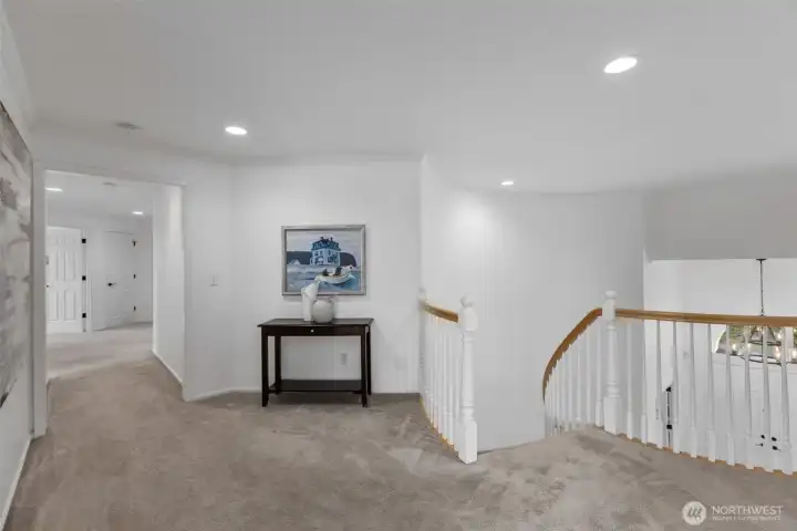 Upper landing and freshly shampooed carpets.
