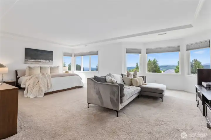 Oversized primary suite with remote blinds.