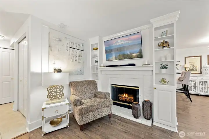 Cozy Wood-burning Fireplace with Built-In Book shelves