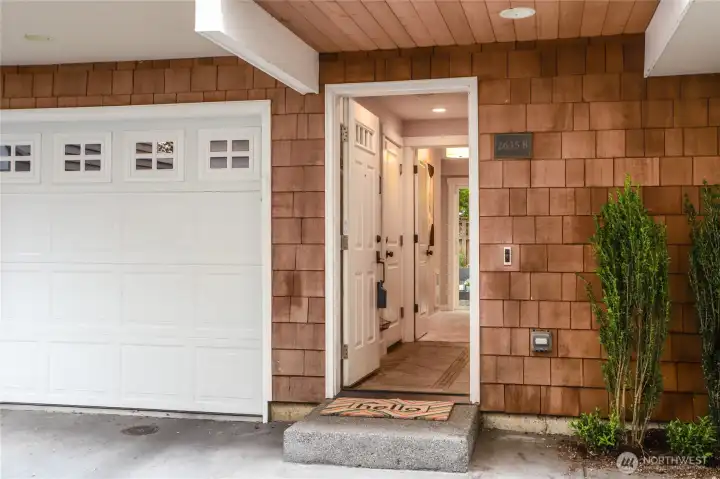 Cedar shingle siding. Natural wood tones greet your guests.