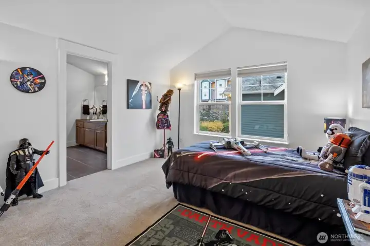 Bright upper-level bedroom with vaulted ceiling, large windows, and en suite bath access.