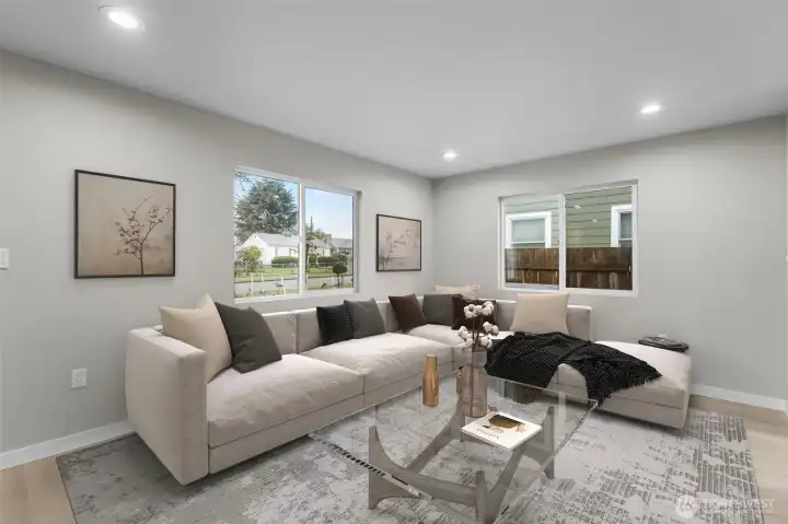 Virtually staged photo of living room.