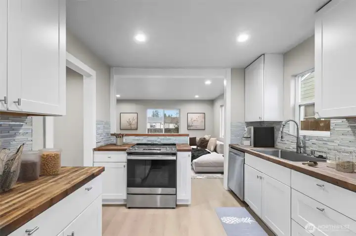 Virtually staged photo of kitchen.