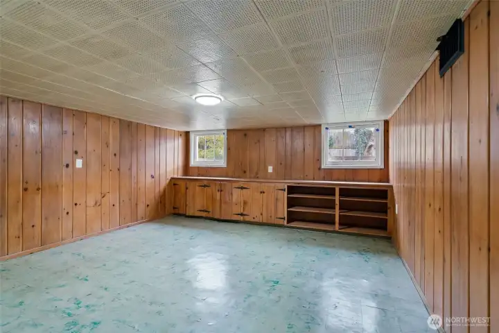 Spacious lower level featuring multiple storage areas and natural light.