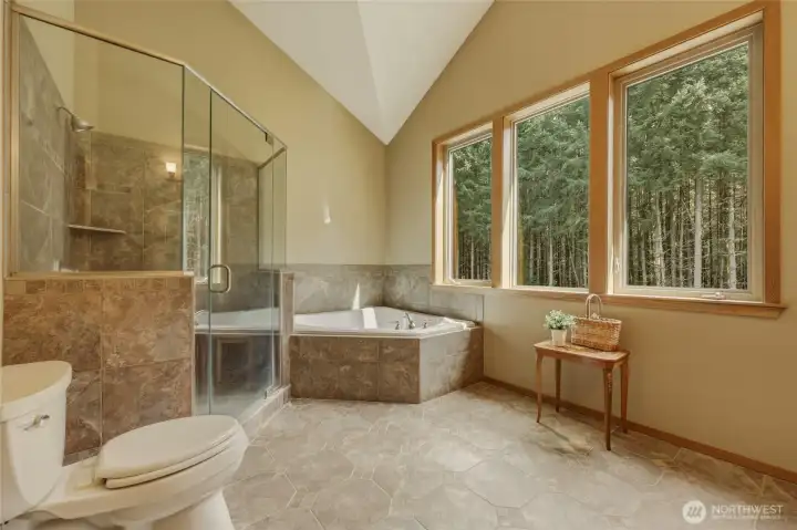 Another stunning view, seen from this 2nd en suite bathroom featuring large, frameless-glass-door shower, corner soaking tub, custom tilework, and wall of windows! Double vanity on opposite side of photo.