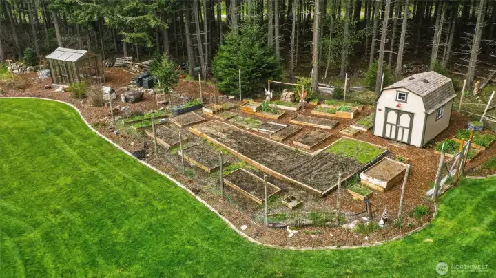 Amazing fenced-in garden with multiple beds ready for your favorites!  Storage shed right inside the fence for ease, with Greenhouse just beyond.