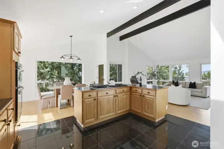 The kitchen flows into a dining area