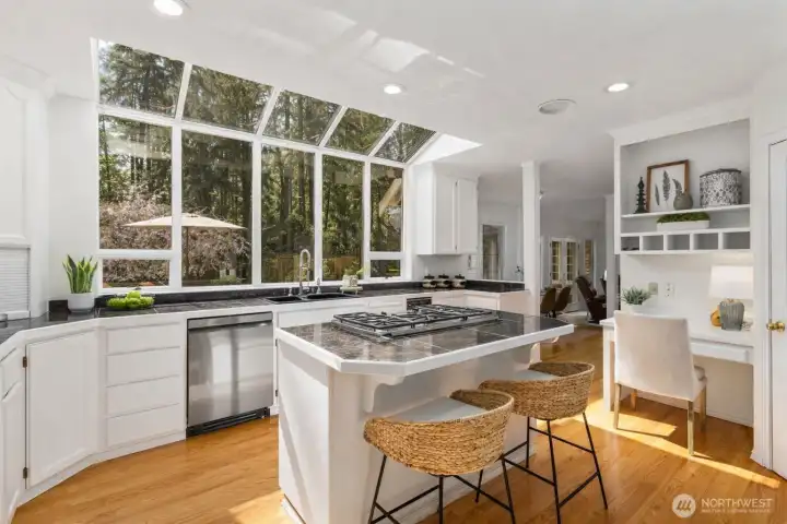 Bright kitchen with abundant natural light and backyard views.