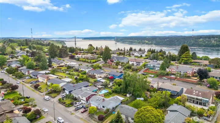 Drone shot shows proximity to waterfront.