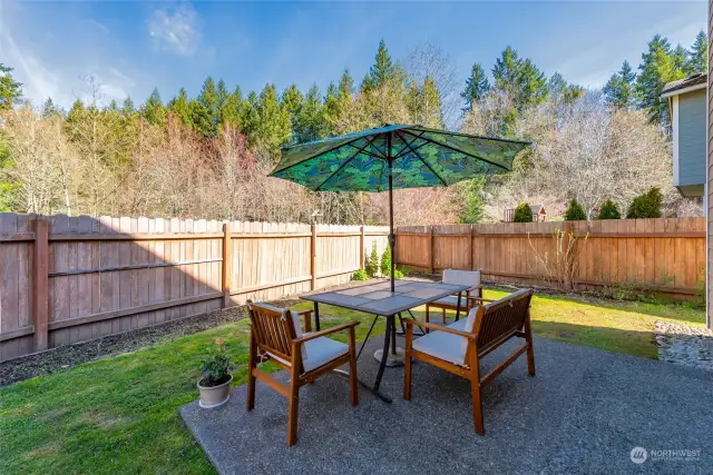 The rear yard has a large patio and if fully fenced. It backs up to the trail that allows for you to walk all the way to Lake Wilderness.  This setting gives you privacy and serenity.