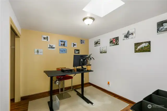 Skylit bedroom w/ laminate wood flooring