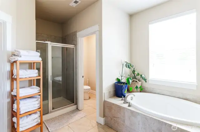 Primary bath has separate shower, private commode and oversized tile floors.  Extra deep walk-in closet to the left.