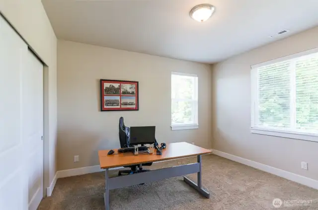 Bedroom 2 is directly off bonus room and is currently being used as an office.