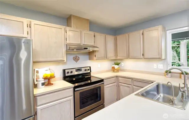 New stove and vent with newer refrigerator, sink and fixtures.