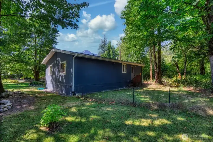 Fenced in space for pets and a private wooded backdrop to enjoy.