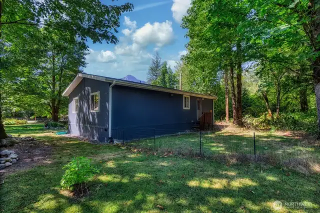 Fenced in space for pets and a private wooded backdrop to enjoy.