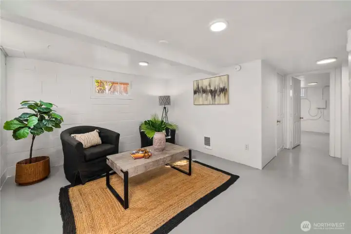 The walkout basement features a living space and two additional rooms.
