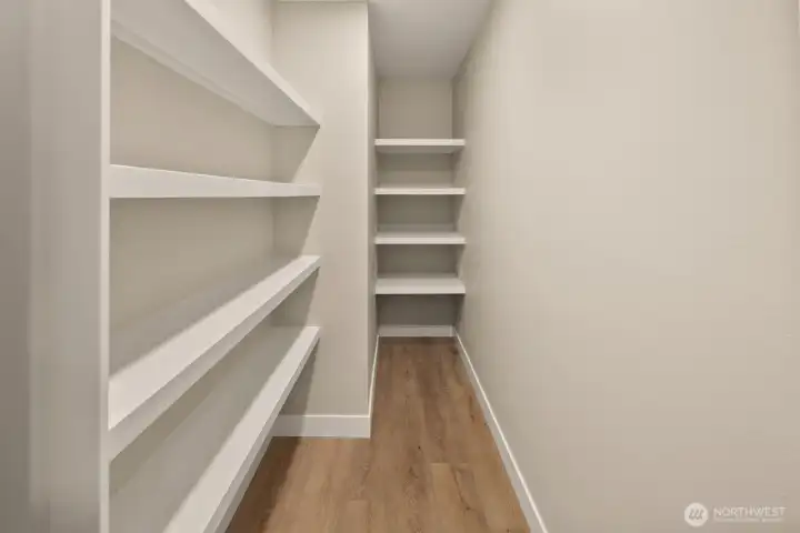 Expansive walk-in kitchen pantry with ample storage