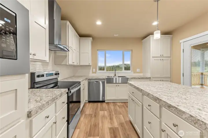 Stainless steel appliances with a beautiful view from the sink.  Look at all those cabinets!