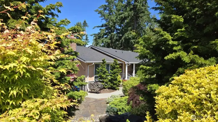 Peek a boo view of the house from the Japanese inspired gardens in front
