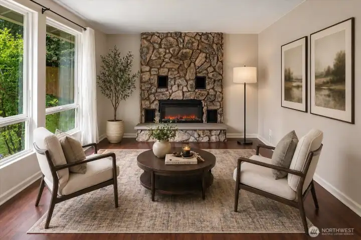 A cozy parlor room with linear electric fireplace welcomes you in...(virtually staged) A cozy parlor room with linear electric fireplace welcomes you in...(virtually staged)