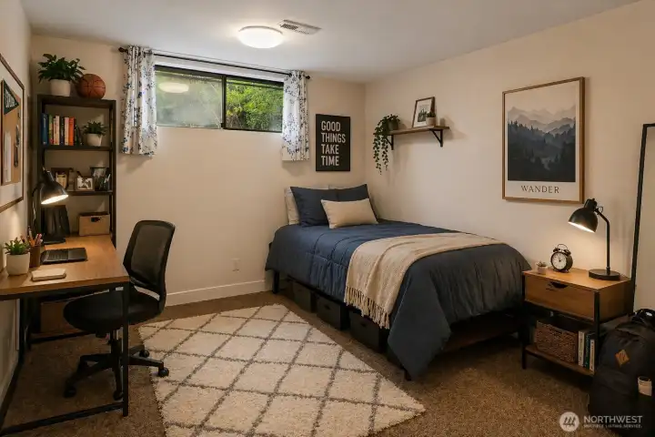 Basement level bedroom - would make a great home-gym space too...(virtually staged) Basement level bedroom - would make a great home-gym space too...(virtually staged)