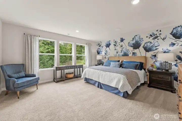 Windows brightening this primary suite bedroom. Photo rendering is representational and may be virtually staged. Actual home is under construction and finishes, elevation, and paint colors may vary. See site agent for details. Windows brightening this primary suite bedroom. Photo rendering is representational and may be virtually staged. Actual home is under construction and finishes, elevation, and paint colors may vary. See site agent for details.