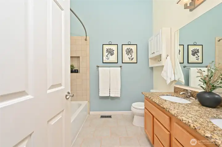 The full upper bath has dual sinks, a skylight and 2 medicine cabinets. The full upper bath has dual sinks, a skylight and 2 medicine cabinets.