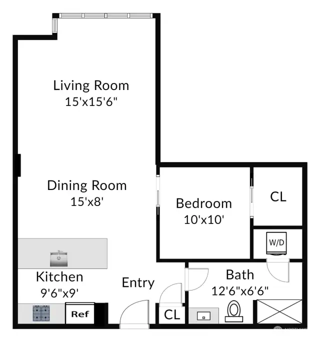 With 808 square feet of living space, this unit feel open and bright.