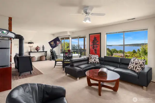 Lower level has a view and cozy fireplace.