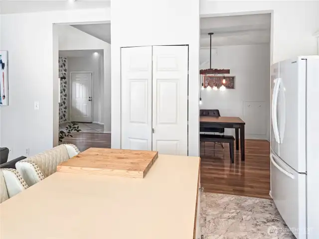 View of kitchen to living/dining room area.