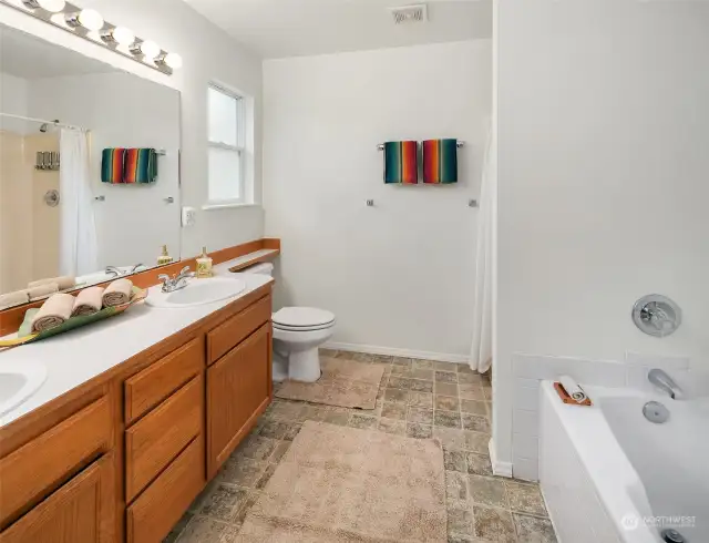 HUGE primary bathroom, double sinks, soaking tub & shower.