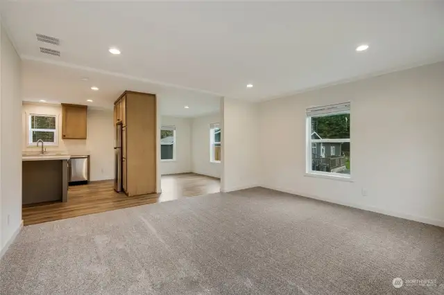 Great room open to dining room and kitchen