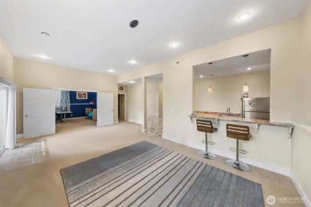 lower level great room looking into additional room and walk in closet