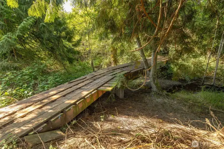 Bridge across Squalicum Creek. There is another large field on the other side of the creek.