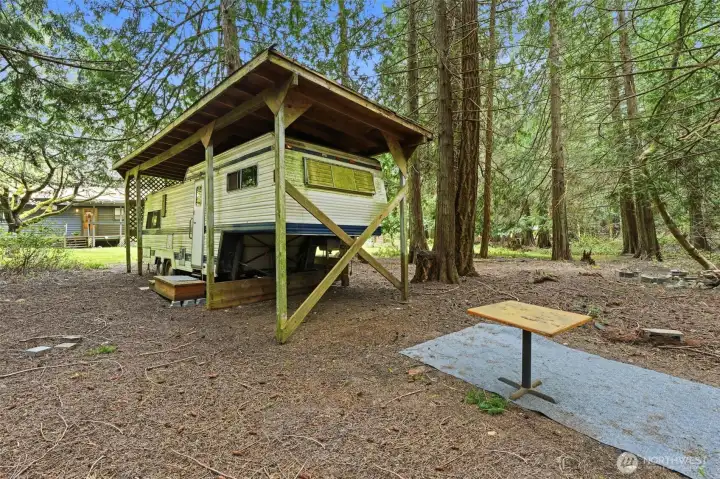 Covered RV or boat parking area located on the level grounds.