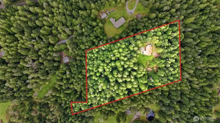 Property line overlay highlighting the generous acreage and private layout.