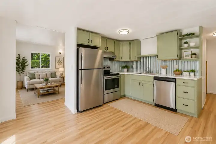 Large & Spacious Kitchen. New stove and dishwasher. (AI Staged)