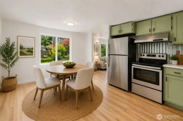 Kitchen large enough for a table. (AI Staged)Lo