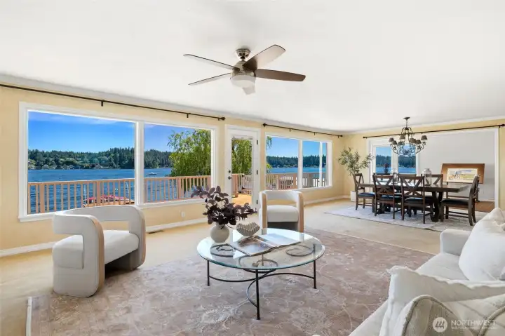 Large windows with expansive views of lake.