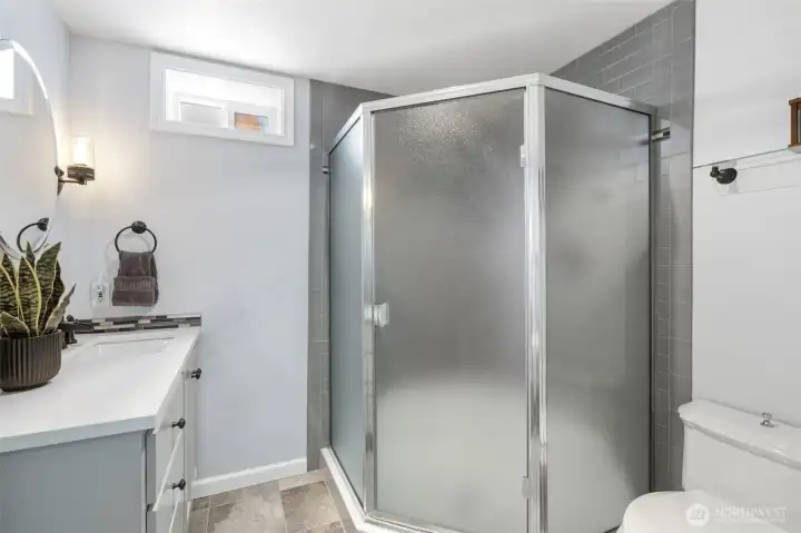 Downstairs bathroom with easy access when coming back in from the lake.