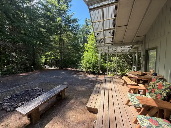 Quiet porch with fire pit. Quiet porch with fire pit.