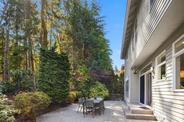 The backyard is a little piece of paradise. Oversized patio, perfect for entertaining with the forest behind as your backdrop. No lawn to mow, this is a wonderful low maintenance outdoor space. Fully fenced too.